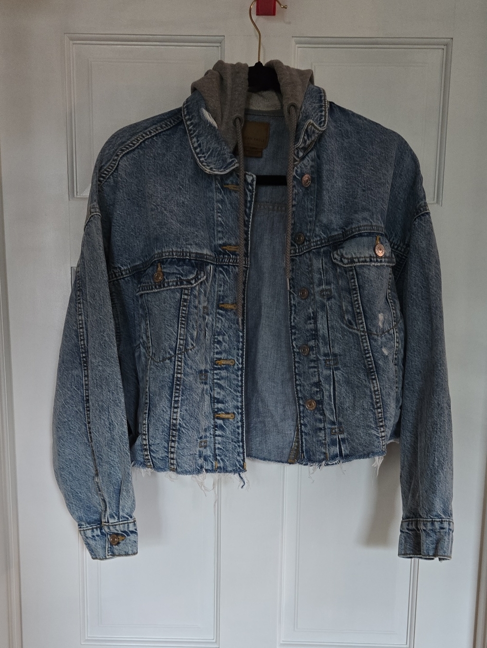 American Eagle Outfitters Light Blue Denim Jacket with Gray Hood